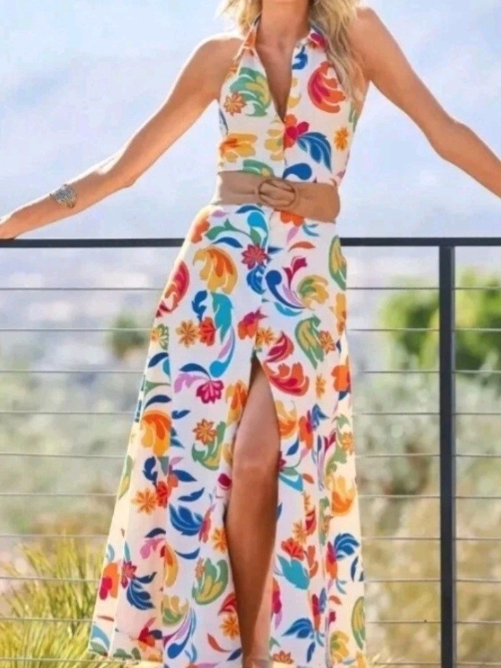 Boston Proper Floral Maxi Halter Dress Size 10 New with Tags Rainbow Multi White